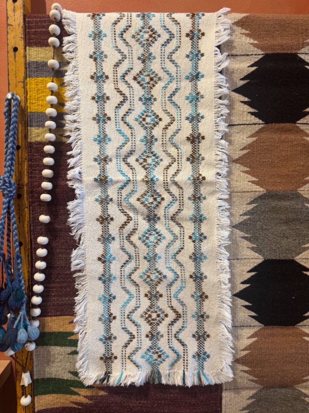 VNG II Folk Art Hand Woven Table Runner 34"X14"  Blue Brown Frequency Design